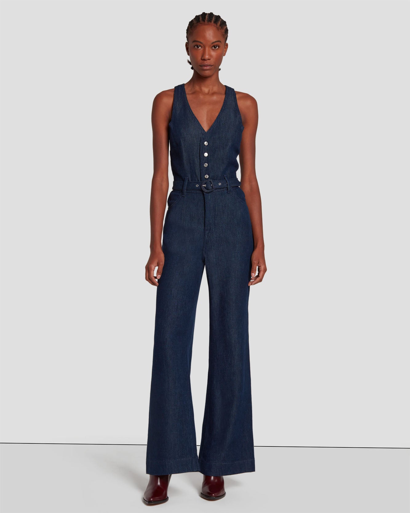 Denim Lustre Tailored Wide Leg Jumpsuit in Dark Rinse