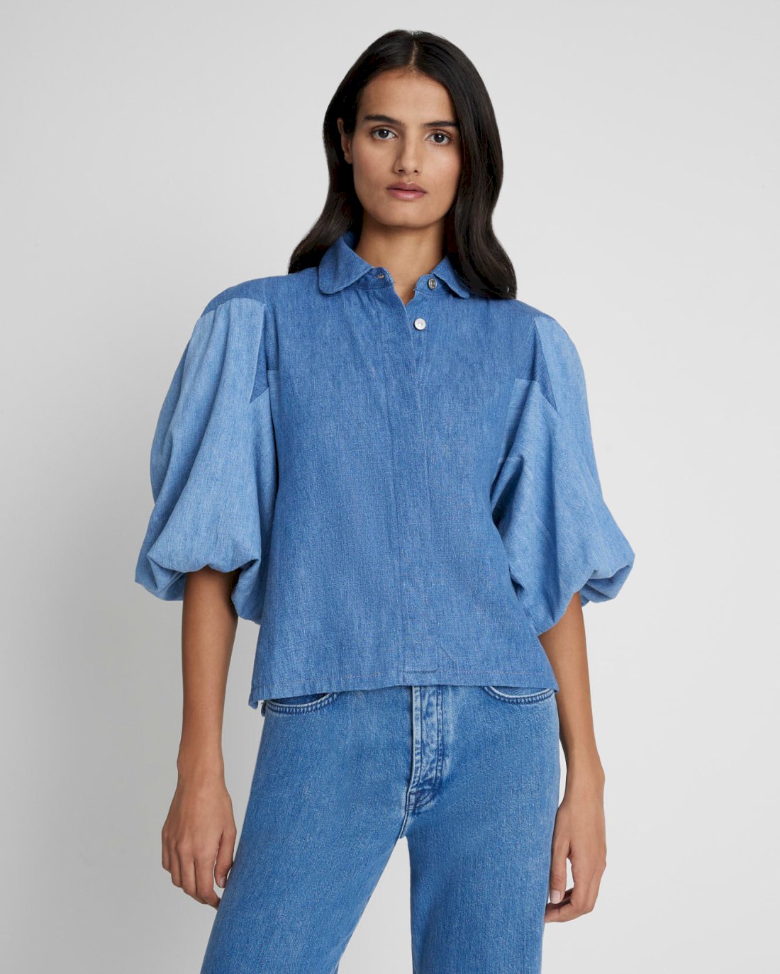 Puff Sleeve Denim Top in Star Patchwork