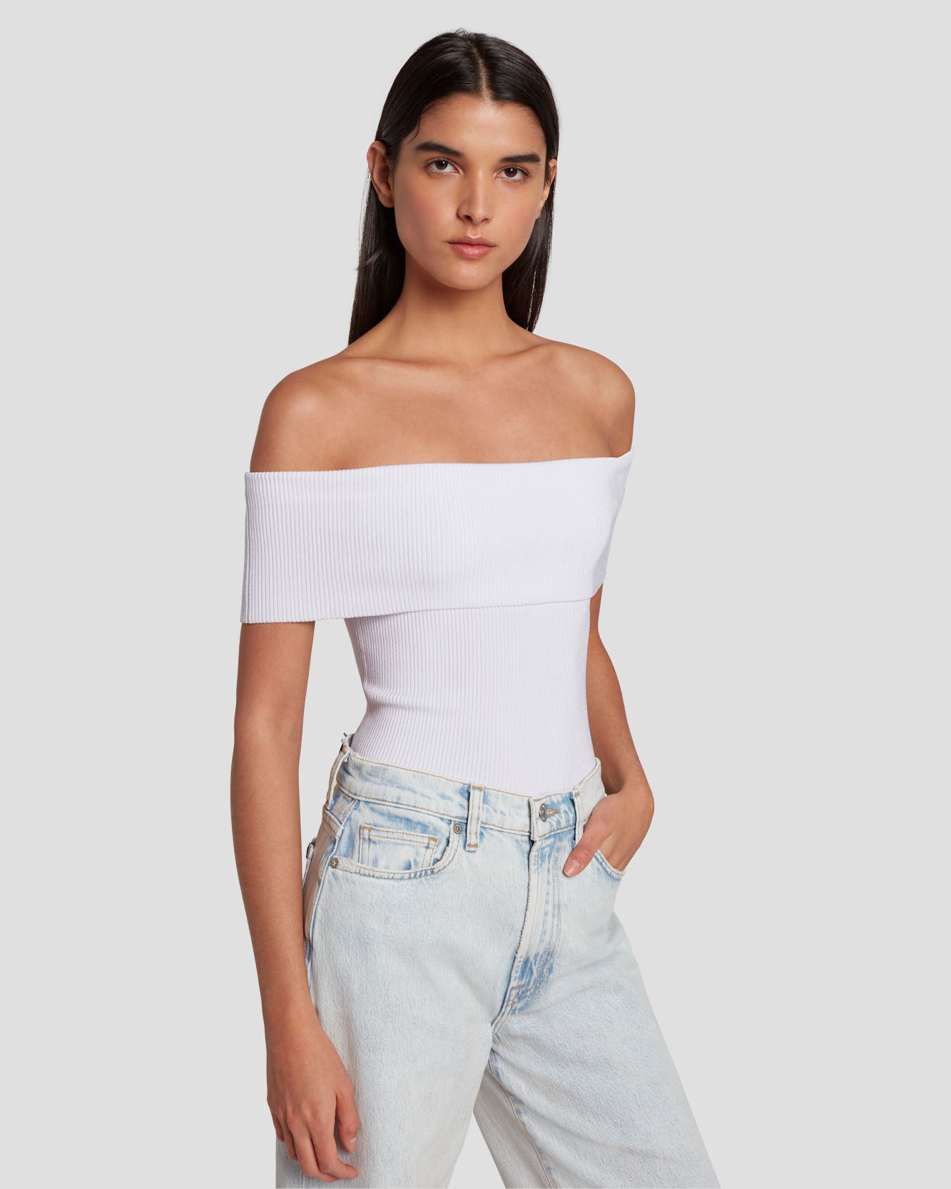Off The Shoulder Ribbed Top in Bright White