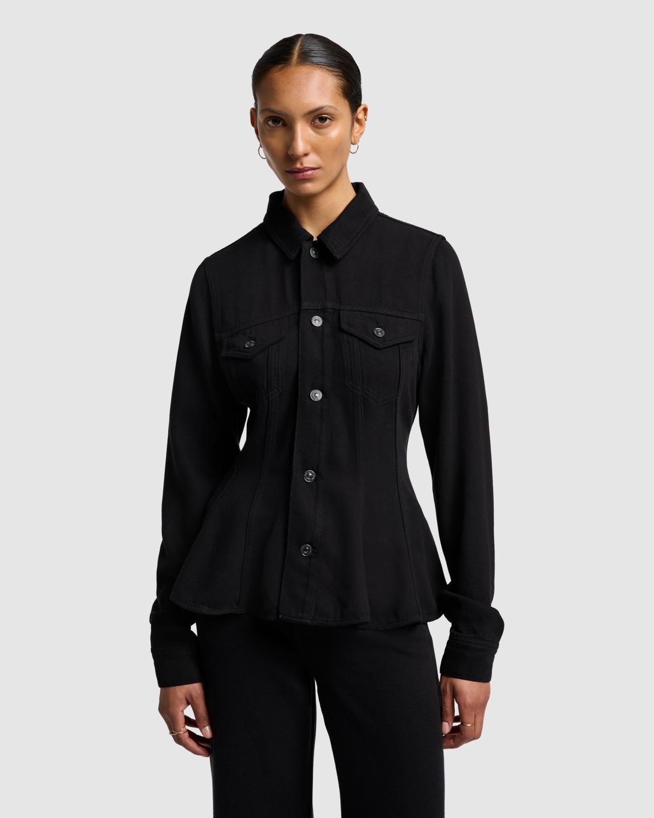 Denim Lustre Flounce Trucker Jacket in Raven