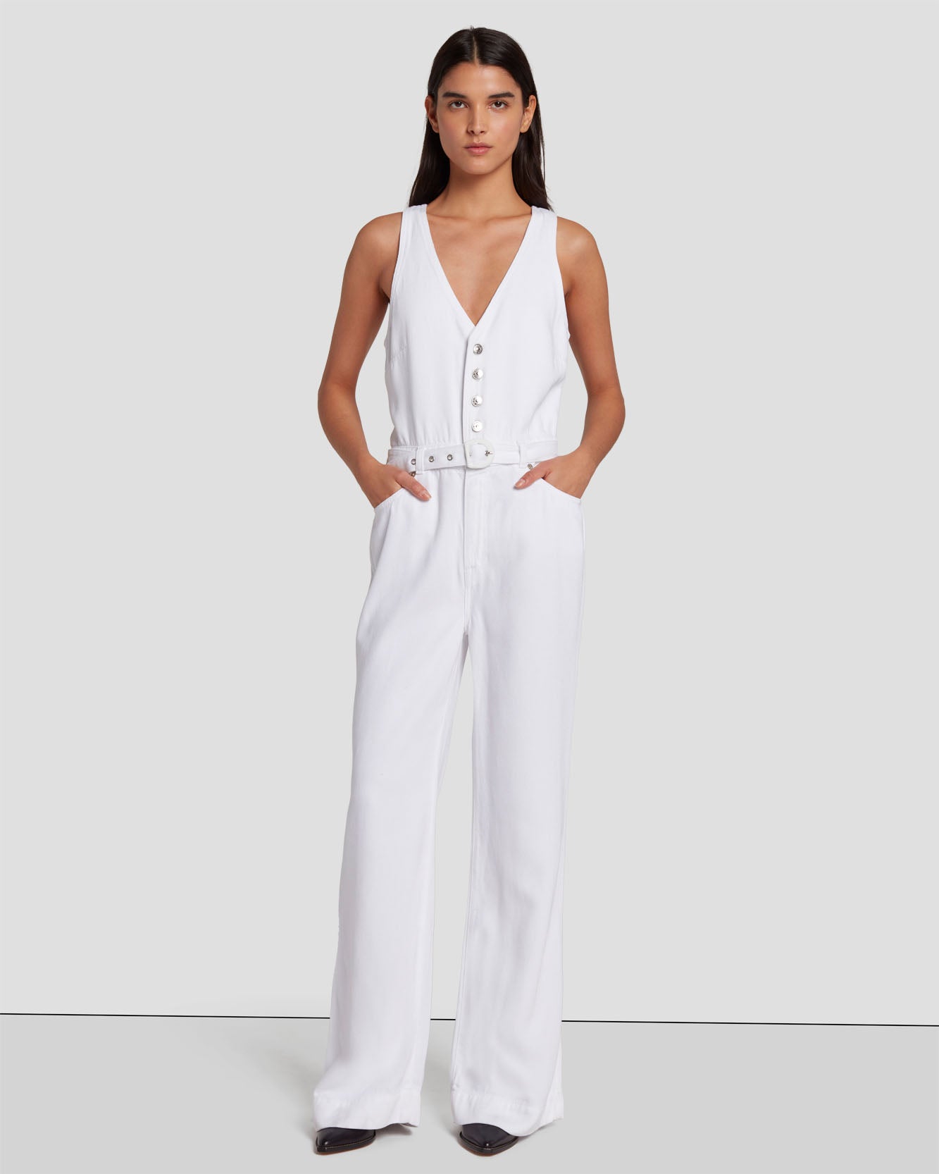 Denim Lustre Tailored Wide Leg Jumpsuit in Brilliant White