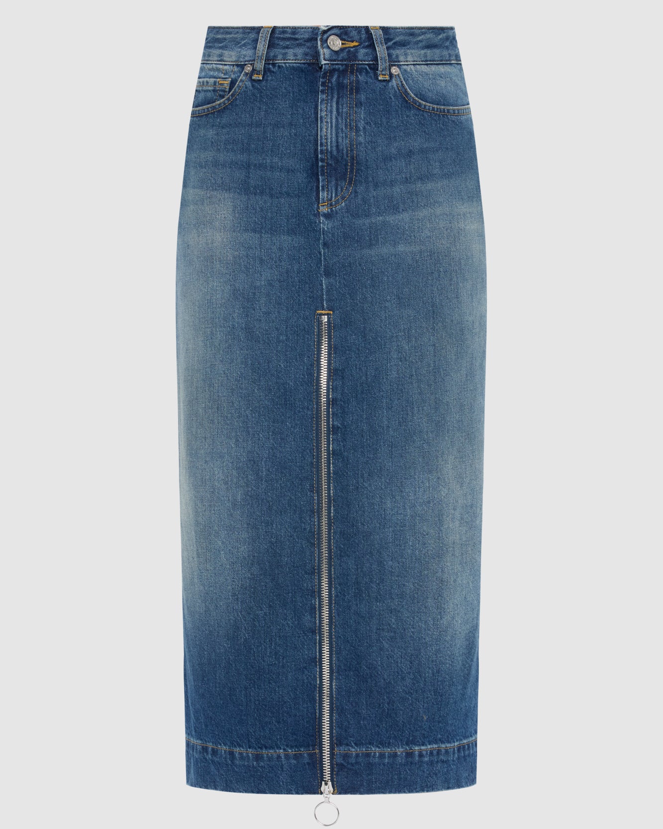 Amber Zip Denim Midi Skirt in Topic