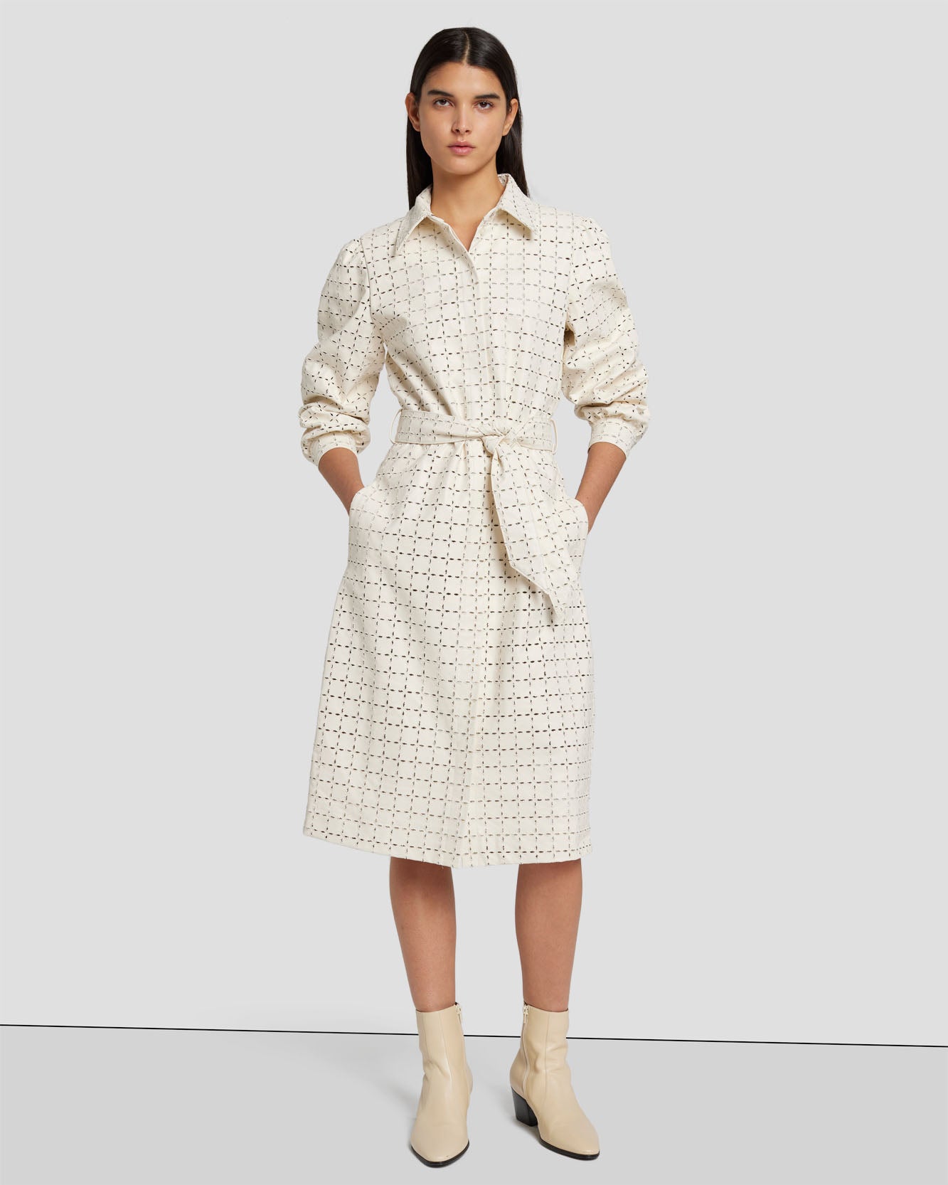 Faux Leather Belted Shirt Dress in Cream