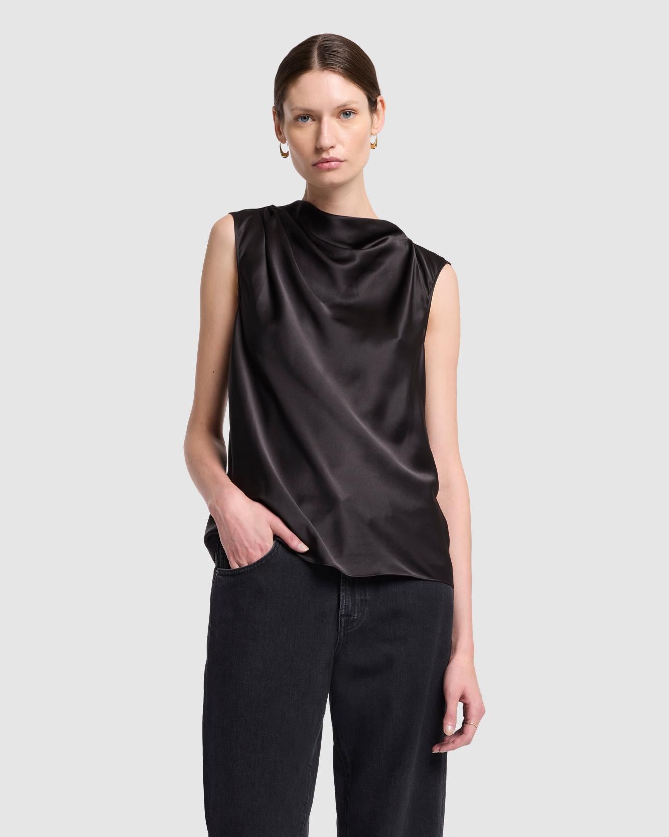 Silk High Neck Draped Blouse in Black