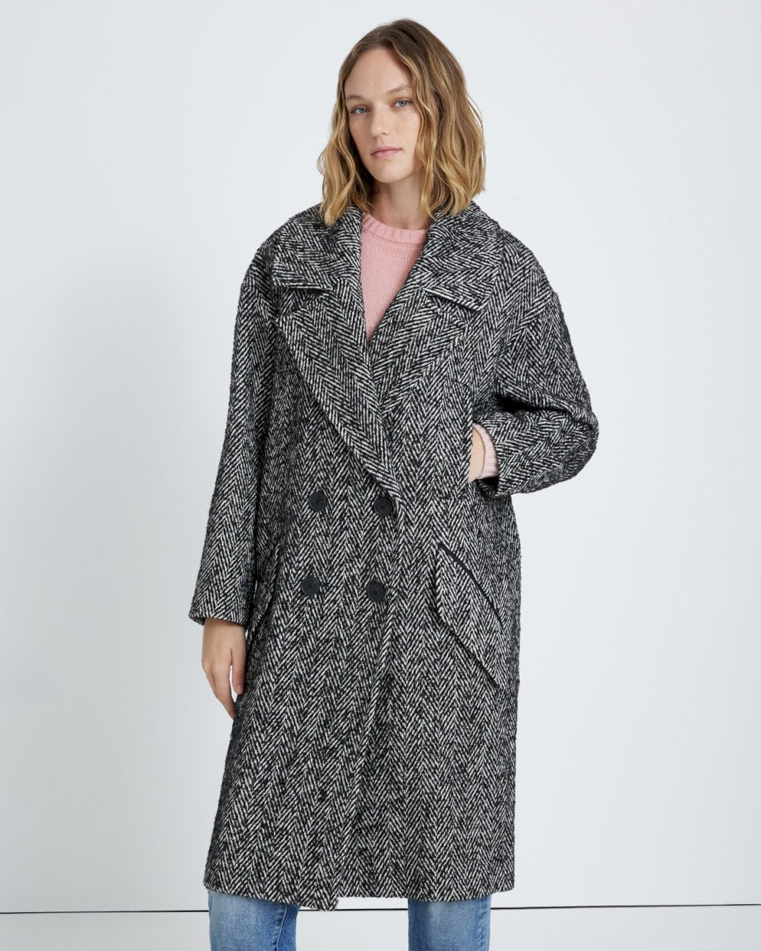 Double Breasted Wool Coat in Herringbone