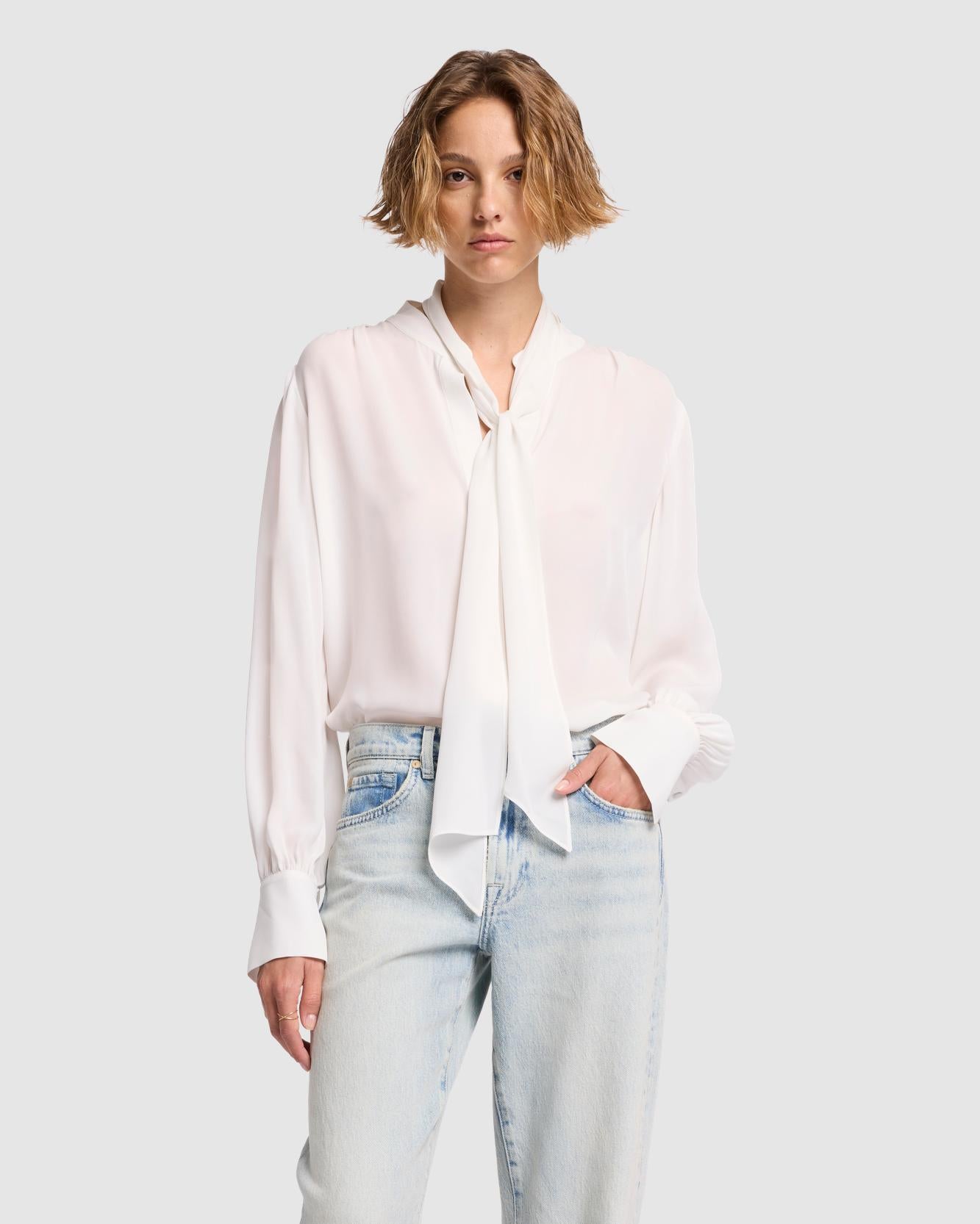 Silk Bow Shirt in Vintage White