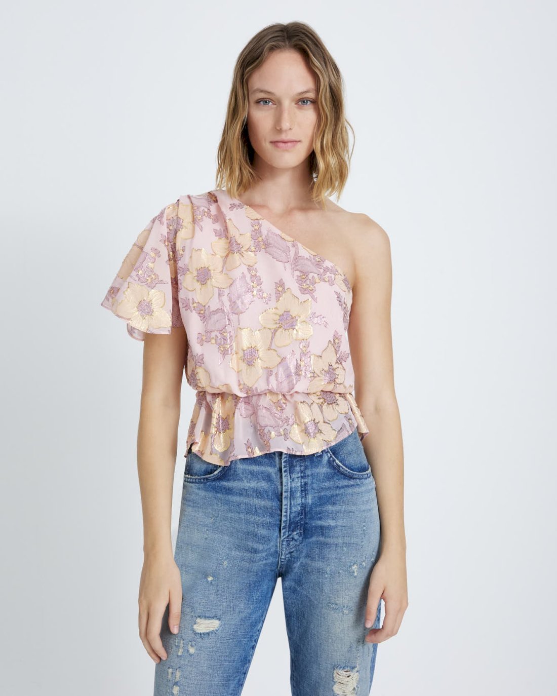 One Shoulder Silk Ruffle Blouse in Blush