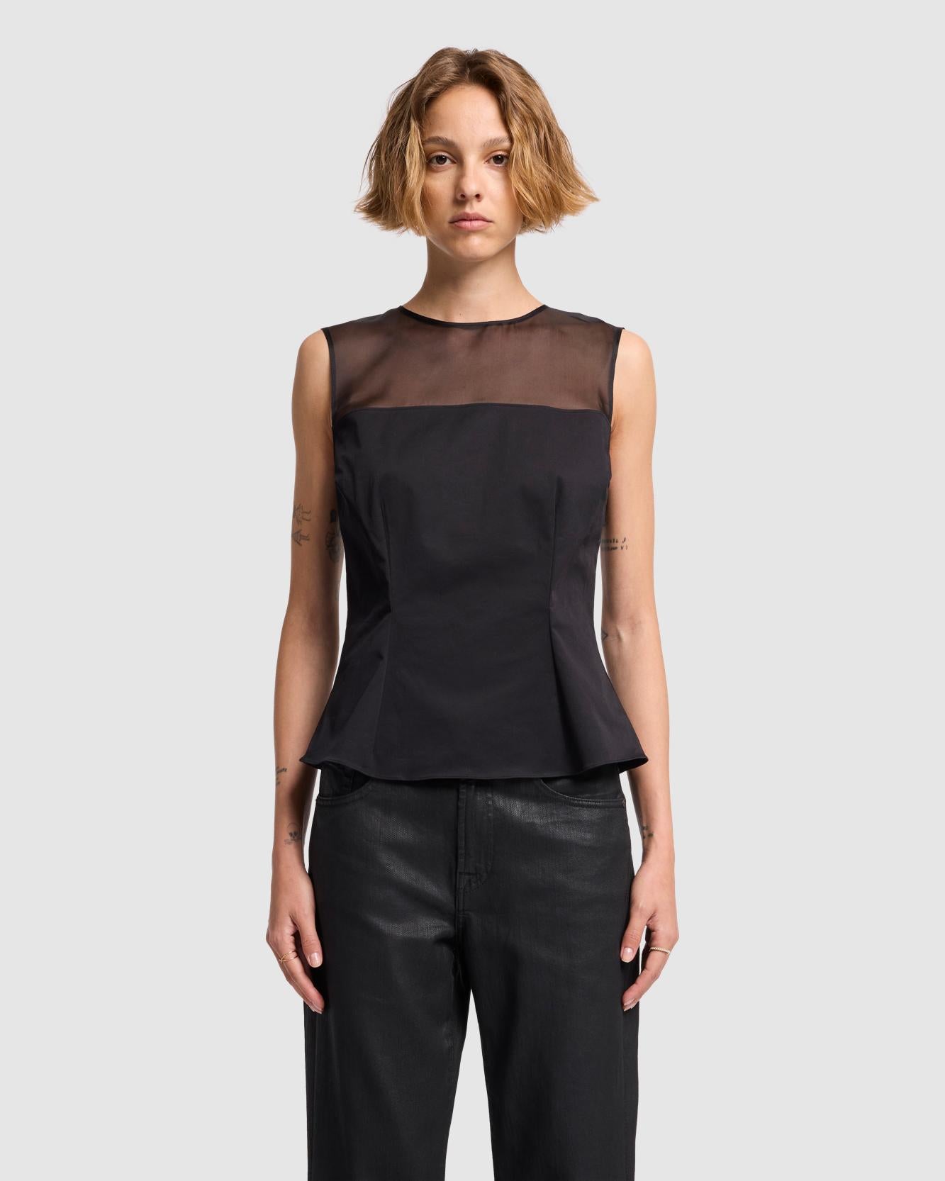 Sleeveless Sheer Organza Yoke Top
