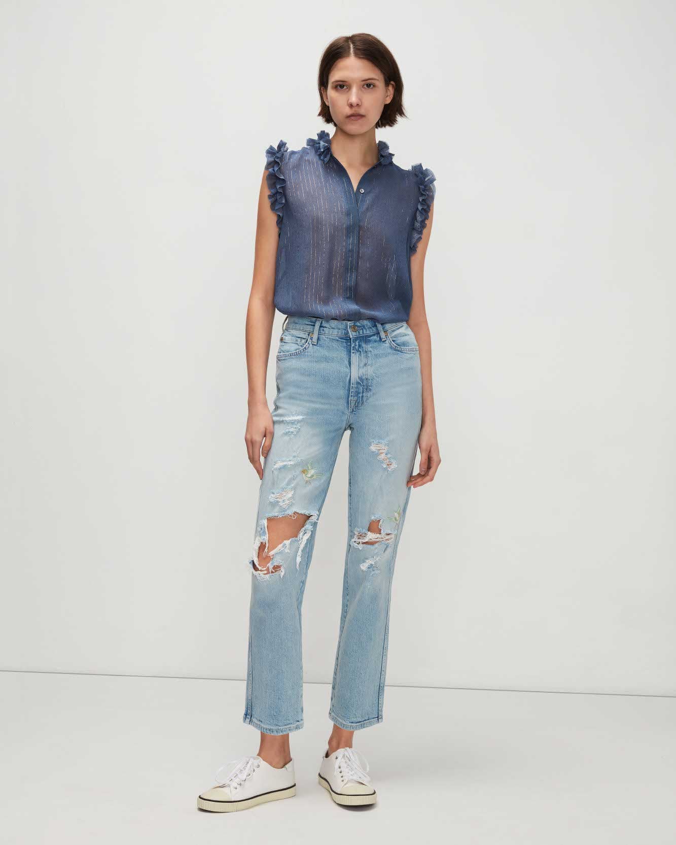 Sleeveless Lurex Stripe Ruffle Collar Shirt In Denim Blue