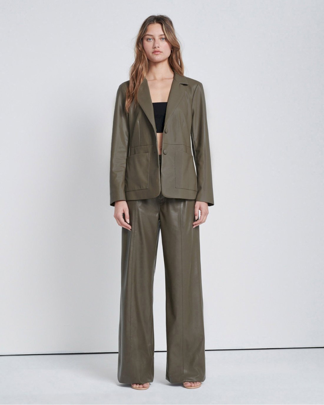 Faux Leather Tie Blazer in Deep Lichen