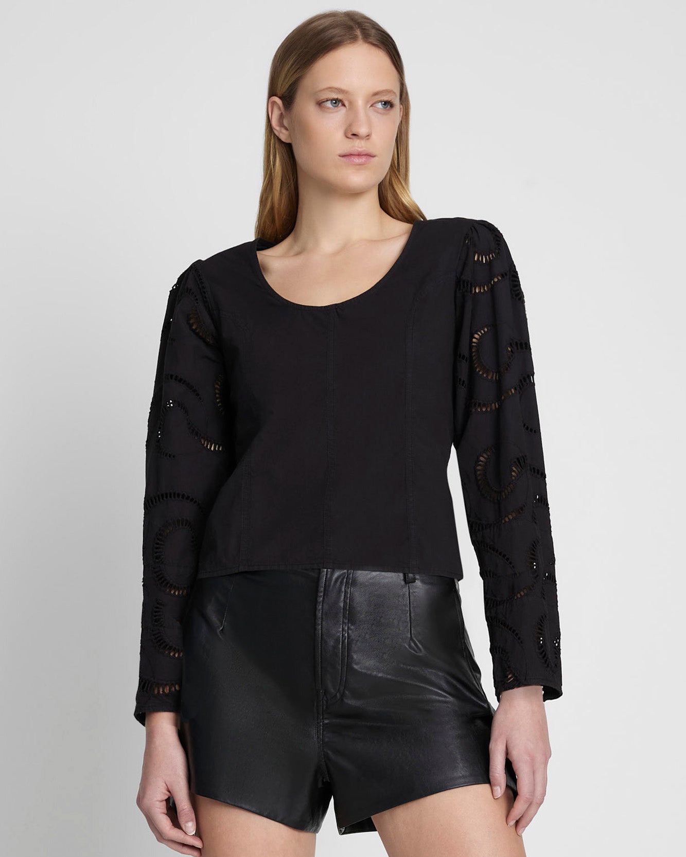 Balloon Sleeve Eyelet Top in Black