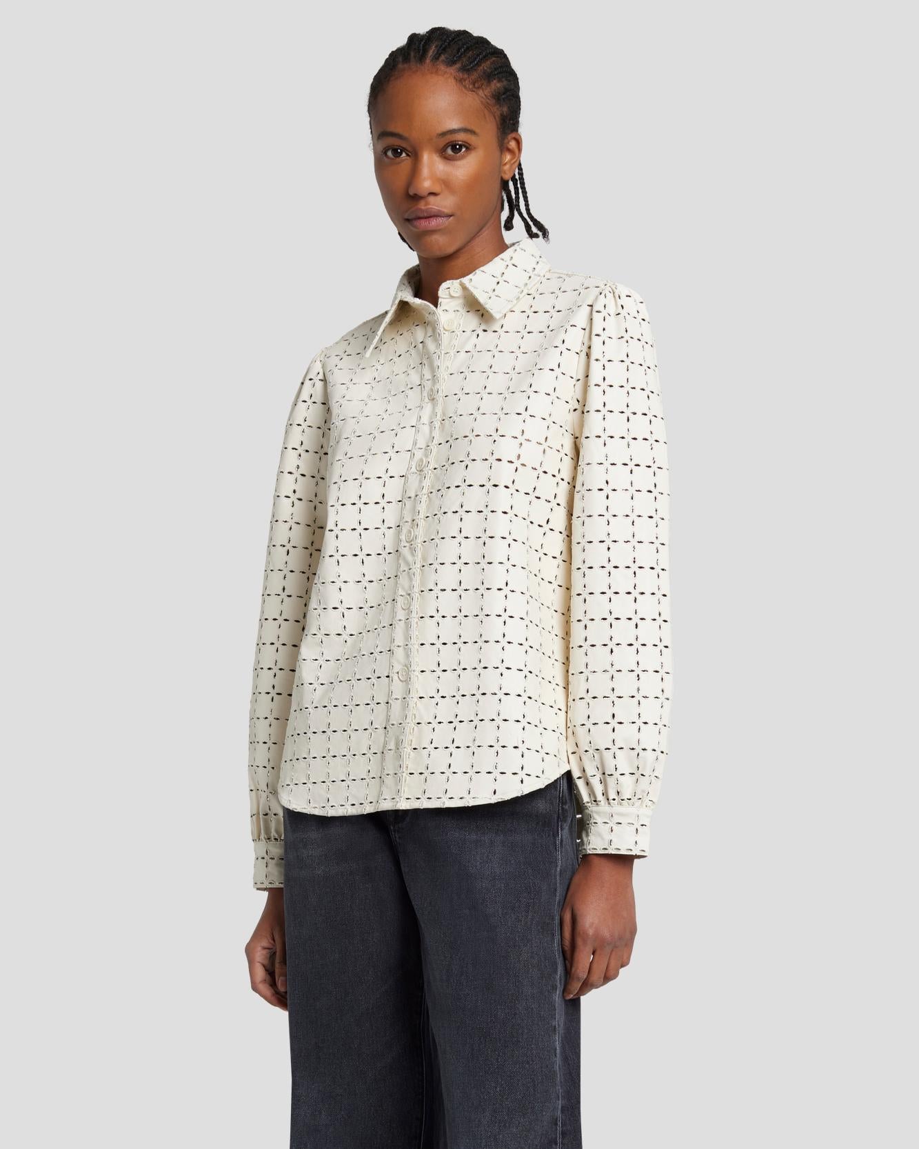 Faux Leather Eyelet Classic Shirt in Cream