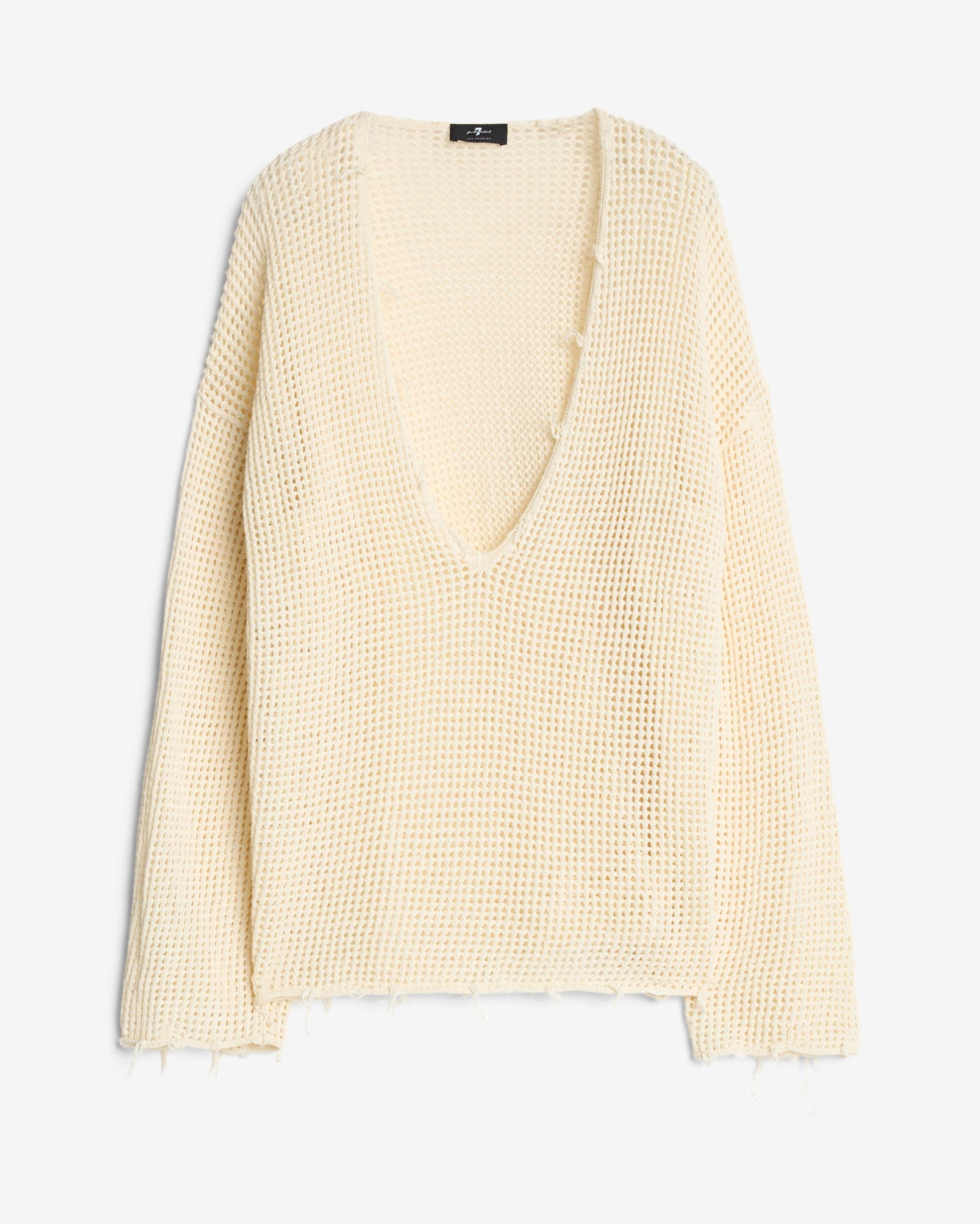 Deep V-Neck Open Knit Pullover in Ecru