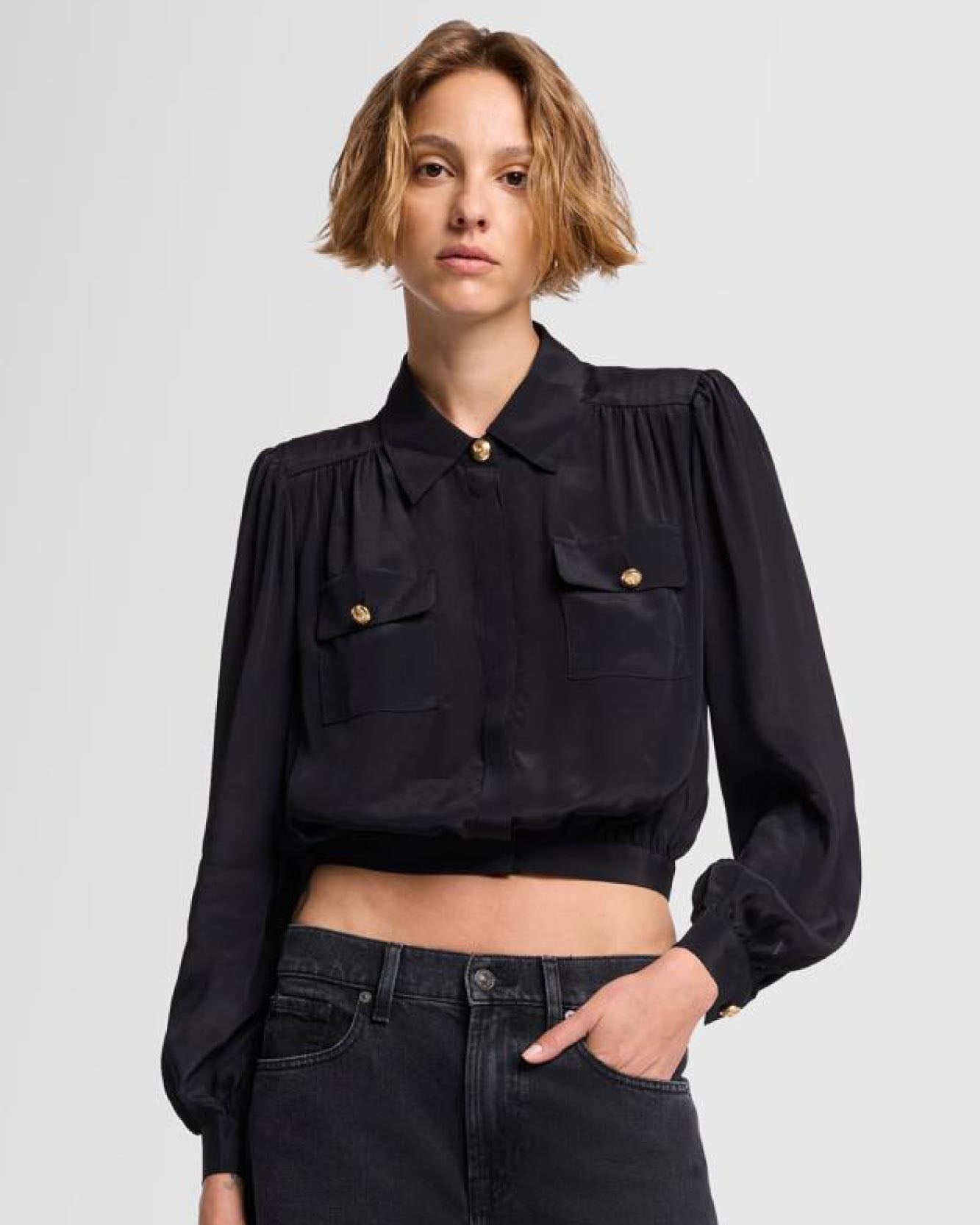 Silk Cropped Blouse in Black