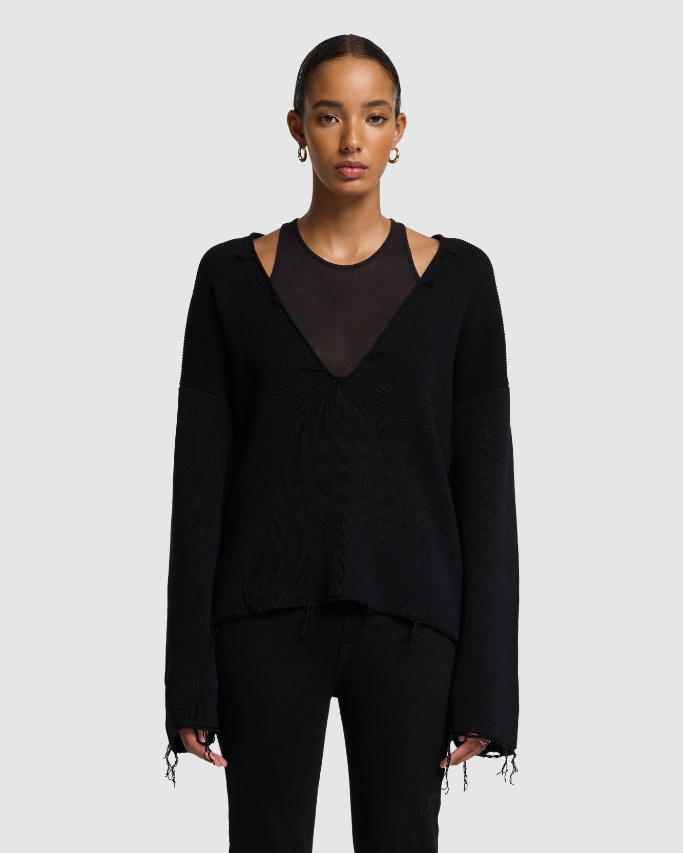 Distressed Knit Deep V-neck Pullover