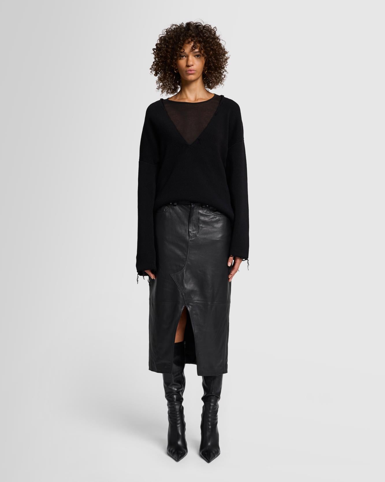 Double Waist Italian Leather Skirt in Black