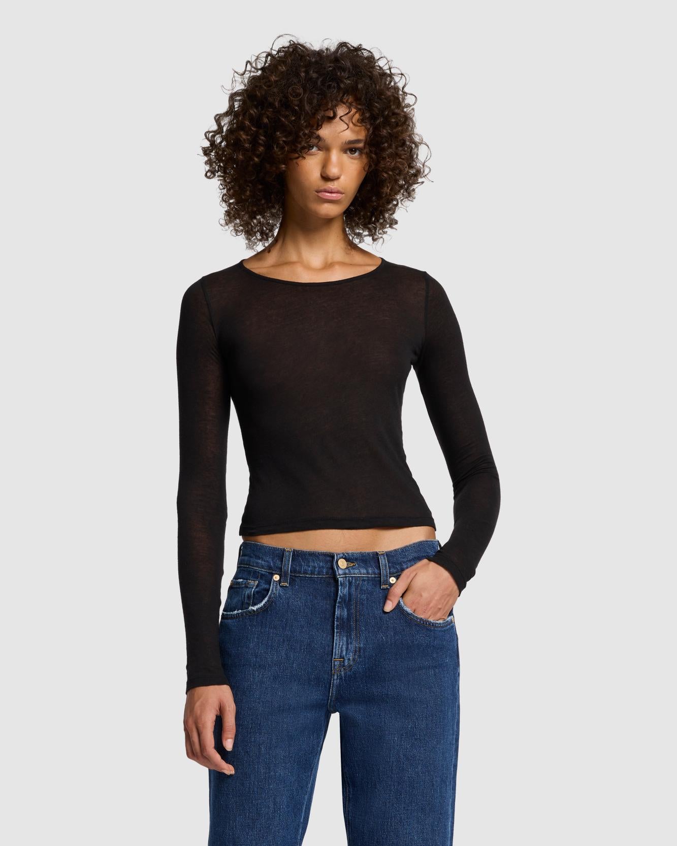 Sheer Long Sleeve Tee in Black