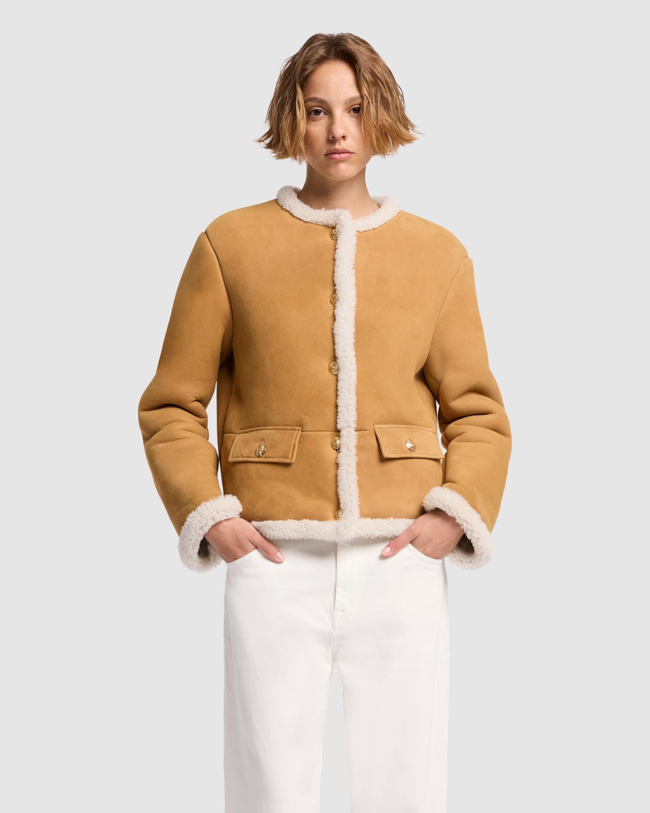 Cropped Shearling Jacket in Porcini