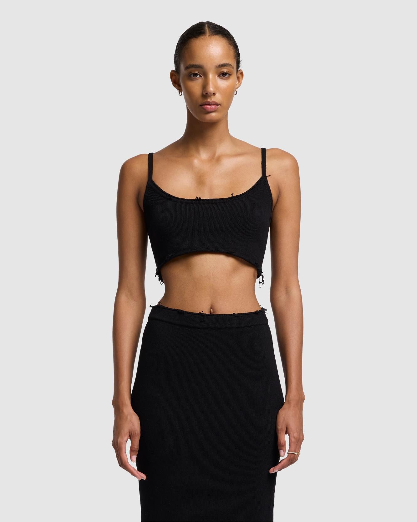 Distressed Knit Cropped Tank in Black