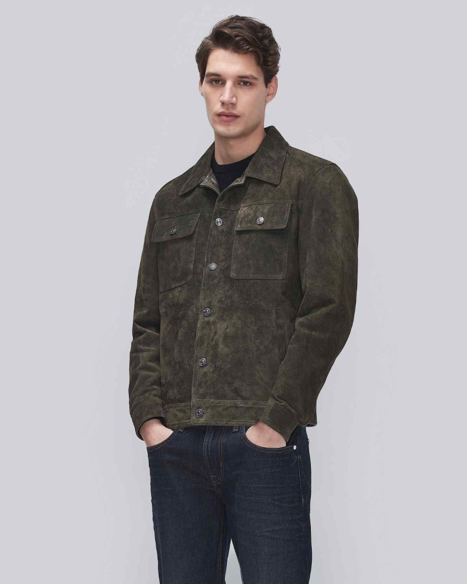 Modern Suede Trucker Jacket in Forest