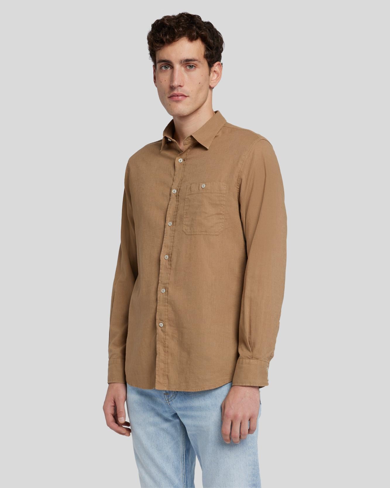 Linen Blend Button Up Shirt in Sand