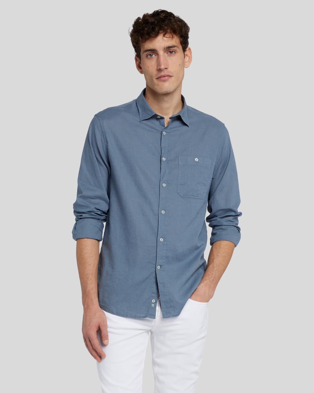 Linen Blend Button Up Shirt in Dusty Blue