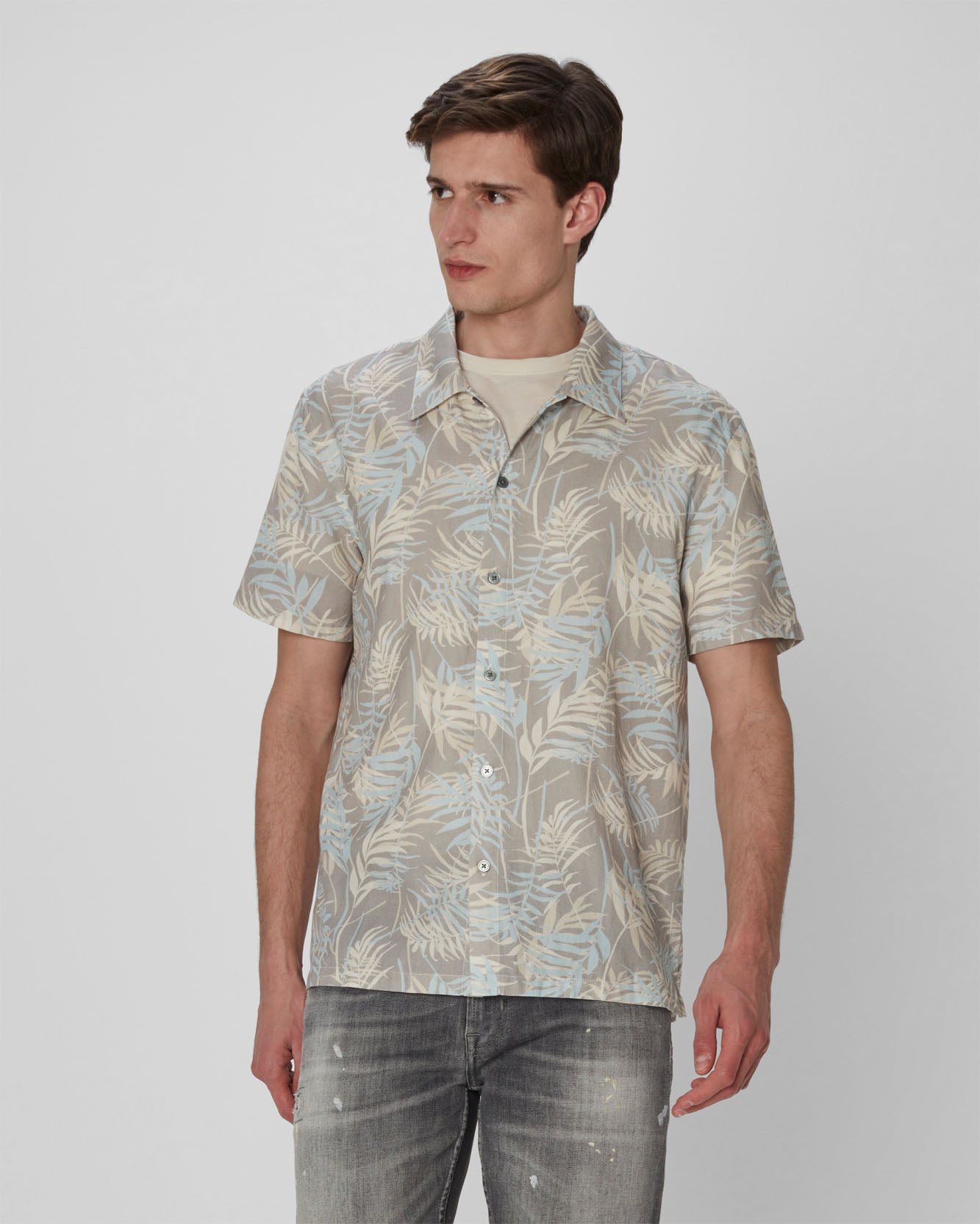 Palm Print Camp Shirt In Indigo
